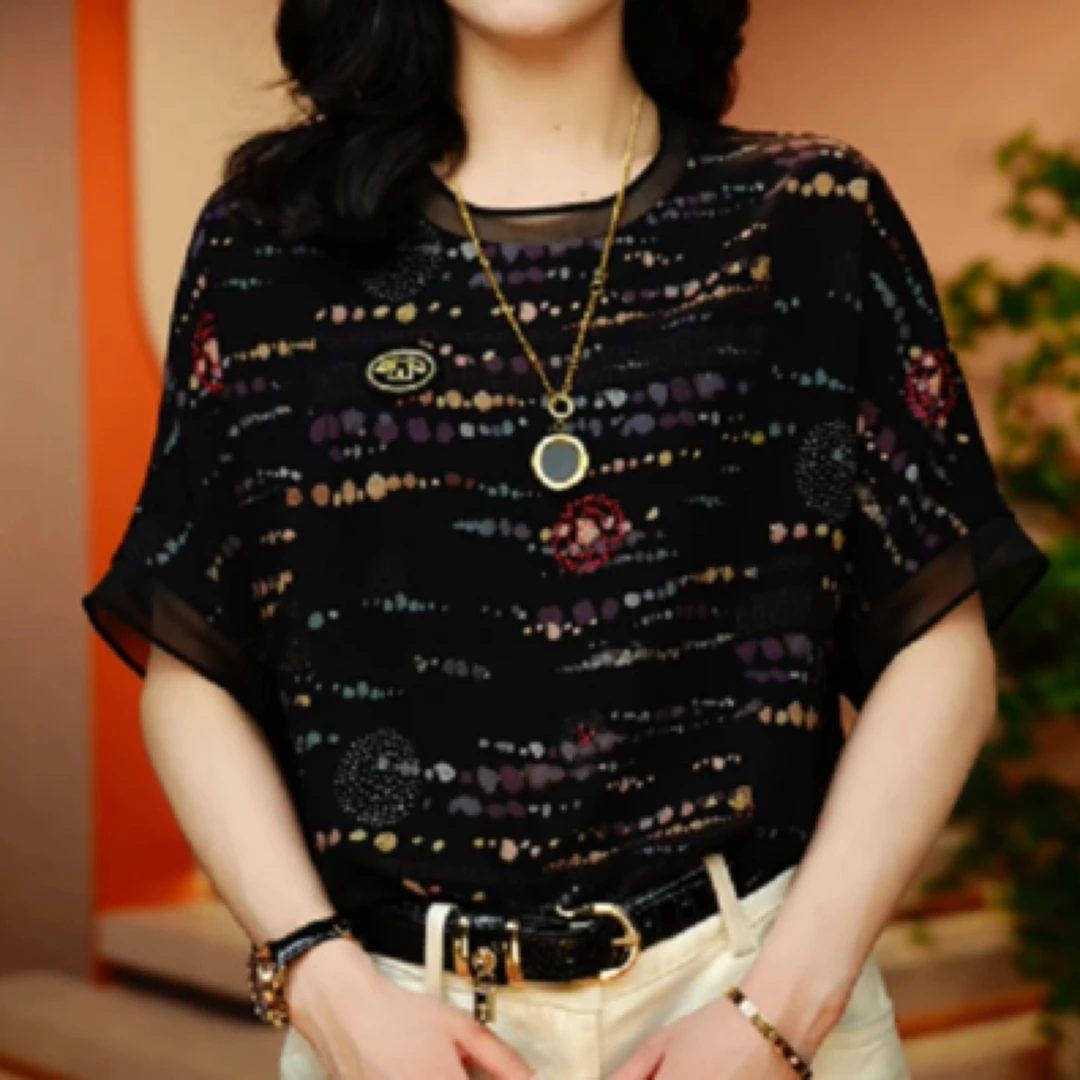 0抽象炫彩-夏季新款高级感洋气时尚百搭显瘦短袖圆领上衣