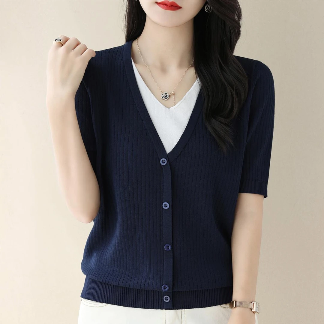 法式冰丝v领单排扣针织衫女夏季2025新款假两件短袖T恤宽松上衣薄
