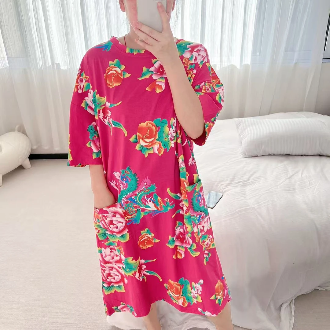 新品加肥加大女士睡裙东北大花时尚民族风印花舒适亲肤中长款裙