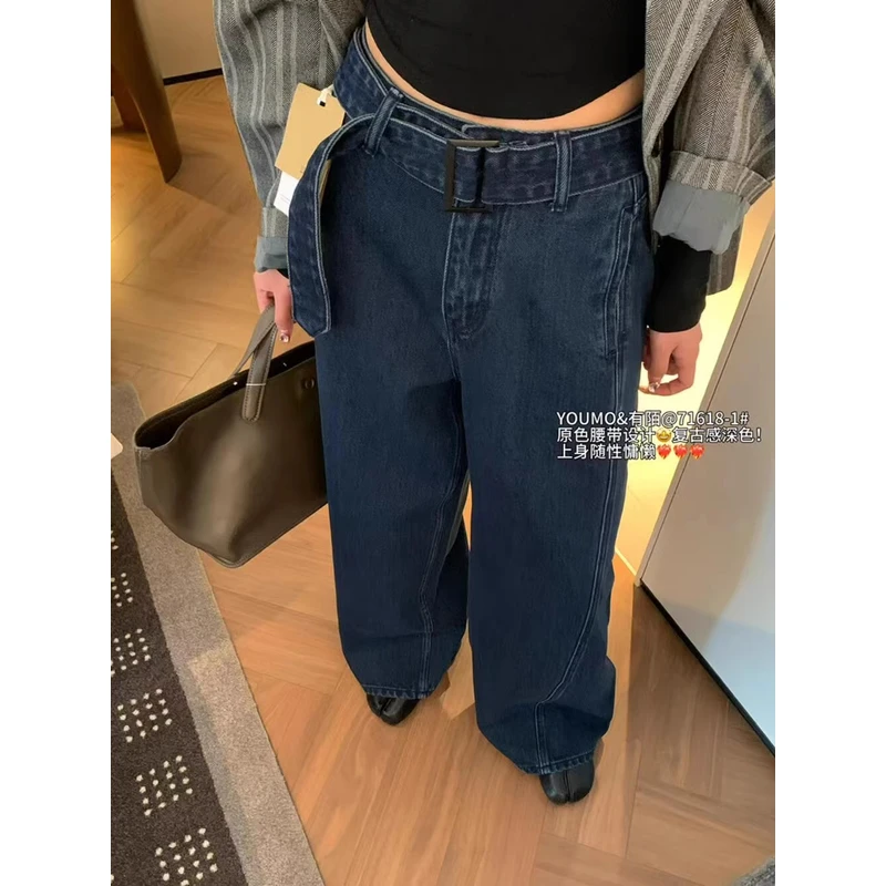 S71618老钱风镰刀阔腿裤配腰带高腰宽松牛仔长裤