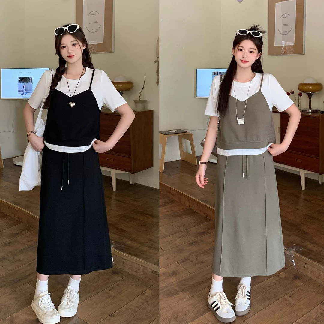 2025夏季新款大码女胖mm假两件短袖T恤半身裙套装休闲两件套64528