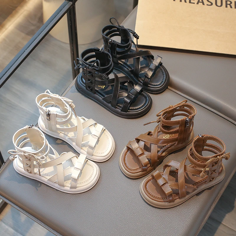 女童高帮凉鞋2025夏季新款时尚软底中大童小女孩罗马露趾公主童鞋