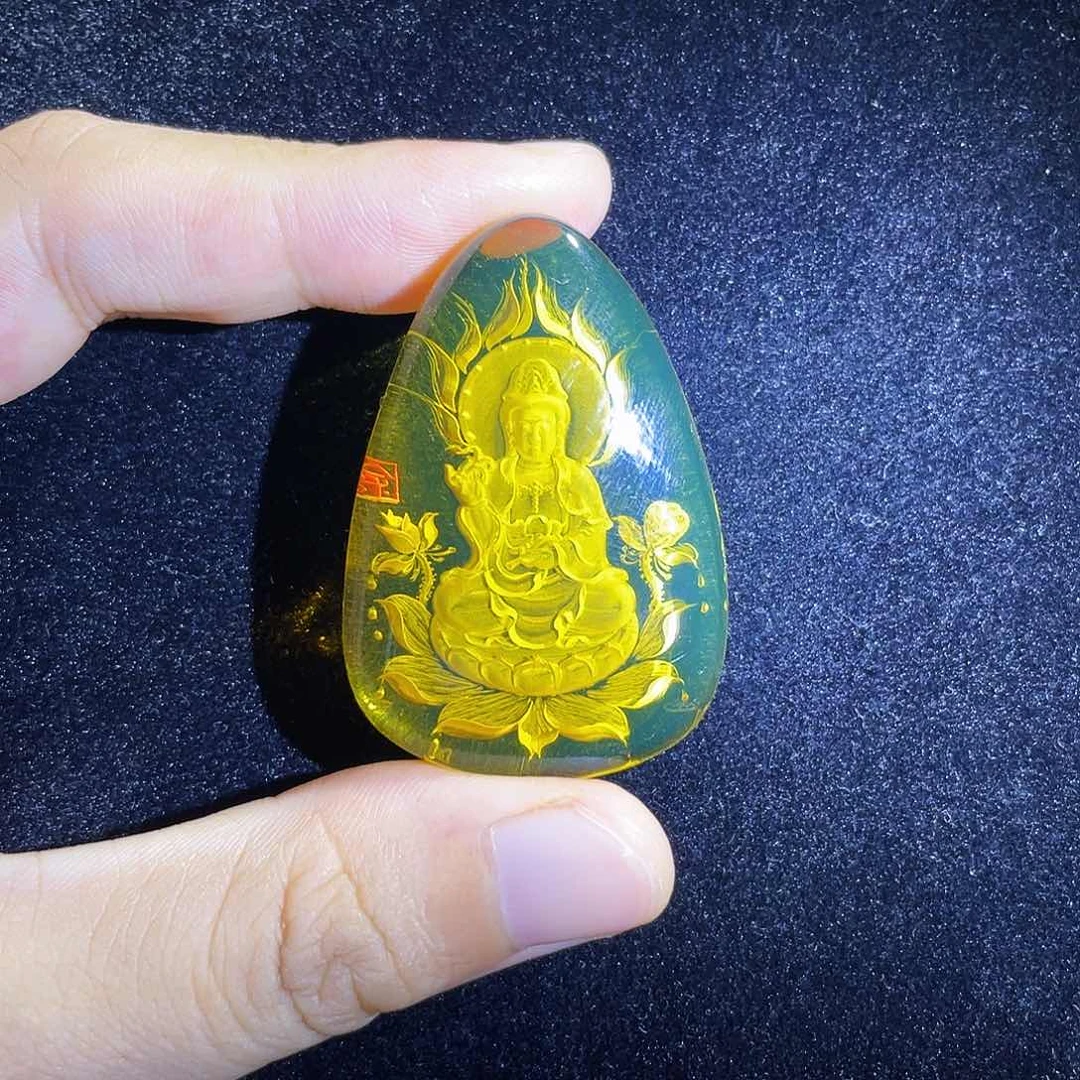 琥珀颈饰未镶嵌蓝珀观音坐莲阴雕吊坠净水