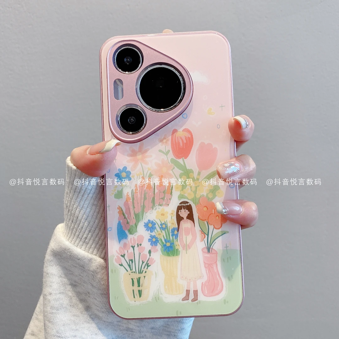 （华为p系列）金属漆玻璃适用华为pura70pro/p60/50/40鲜花女手机壳