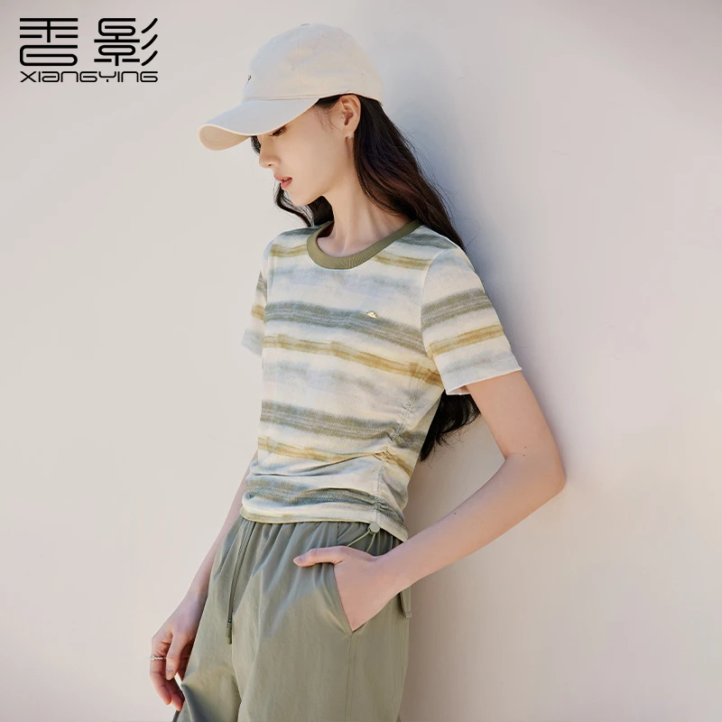 【直播专享】T85S484 T恤 香影条纹撞色t恤女短袖夏季新款圆领抽