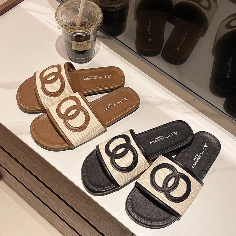 2025夏季新款韩系小香风百搭平底舒适凉拖鞋外穿编织复古一字拖鞋