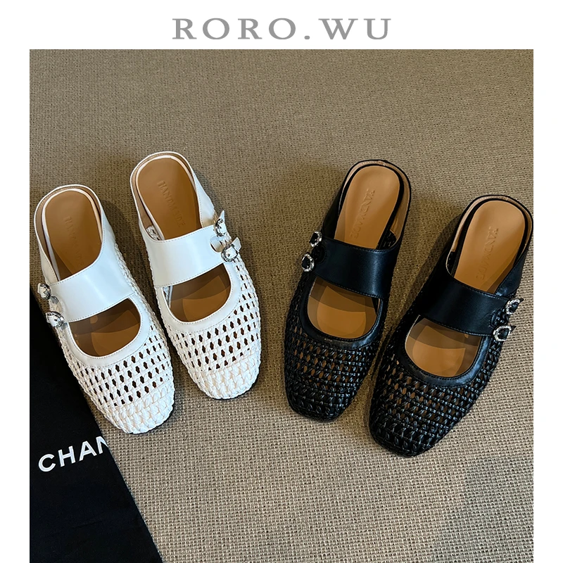 娆娆吴·牛皮夏季懒人舒适编织扣带包头百搭外出拖鞋T158