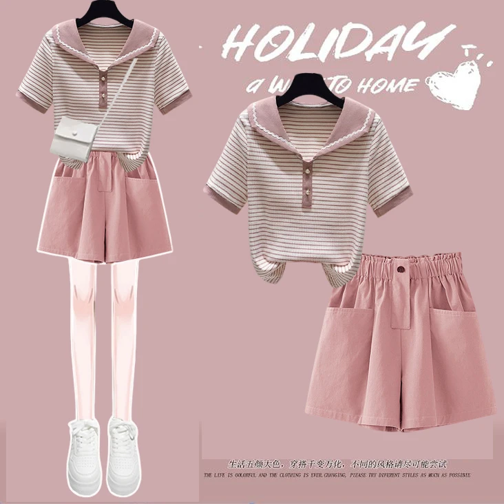 夏季11-18岁中大童学院风韩版甜美少女风洋气条纹短袖T恤短裤套装