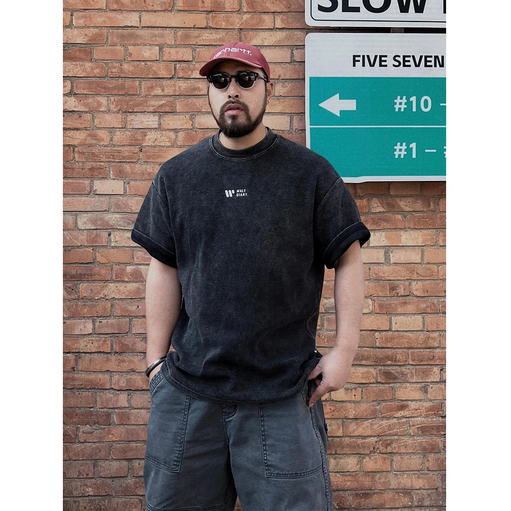 MALTDIARY加肥加大码夏季男士短袖复古水洗做旧华夫格t恤圆领短袖