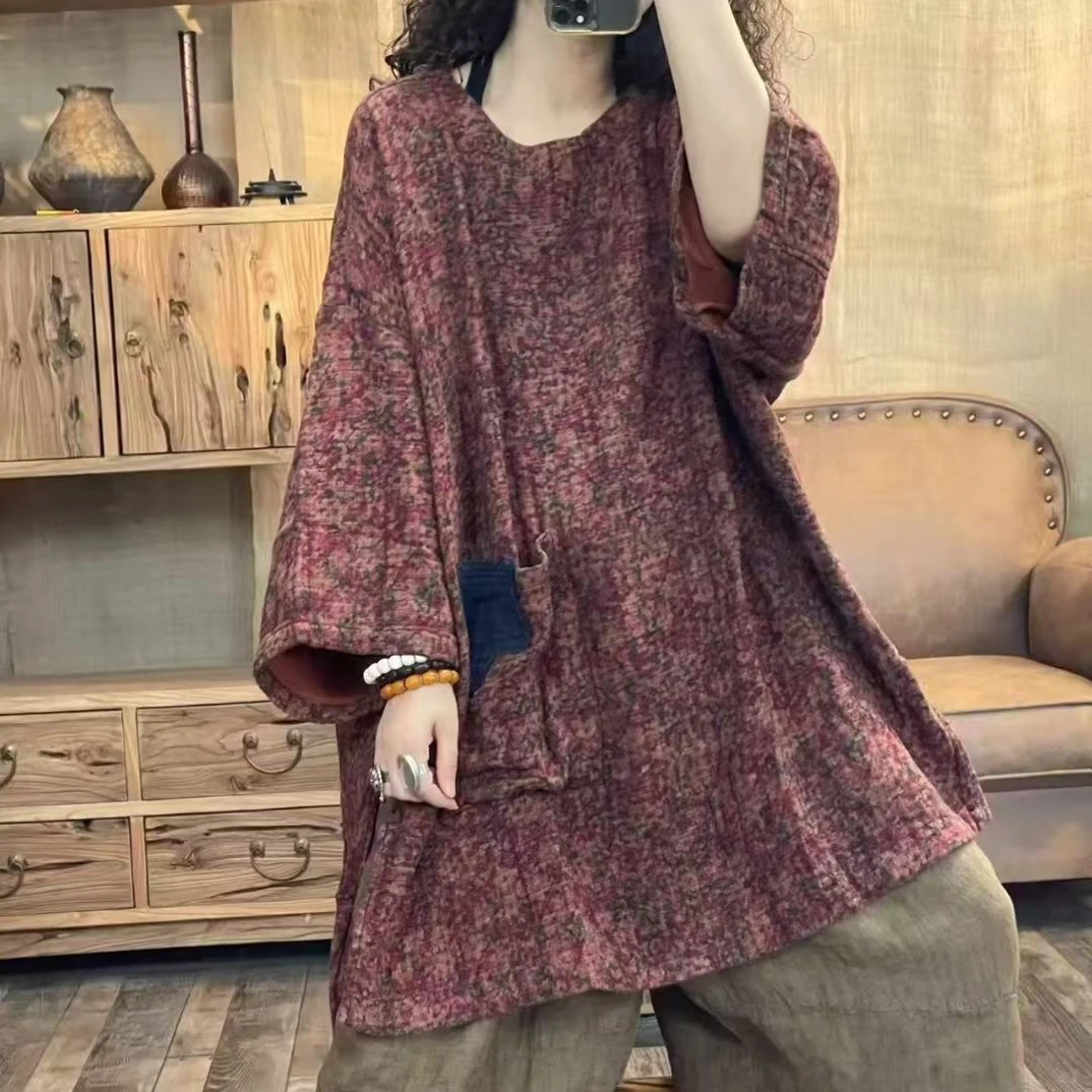 秋季复合汉麻炒色印花宽松女装上衣(长82-85胸围150)