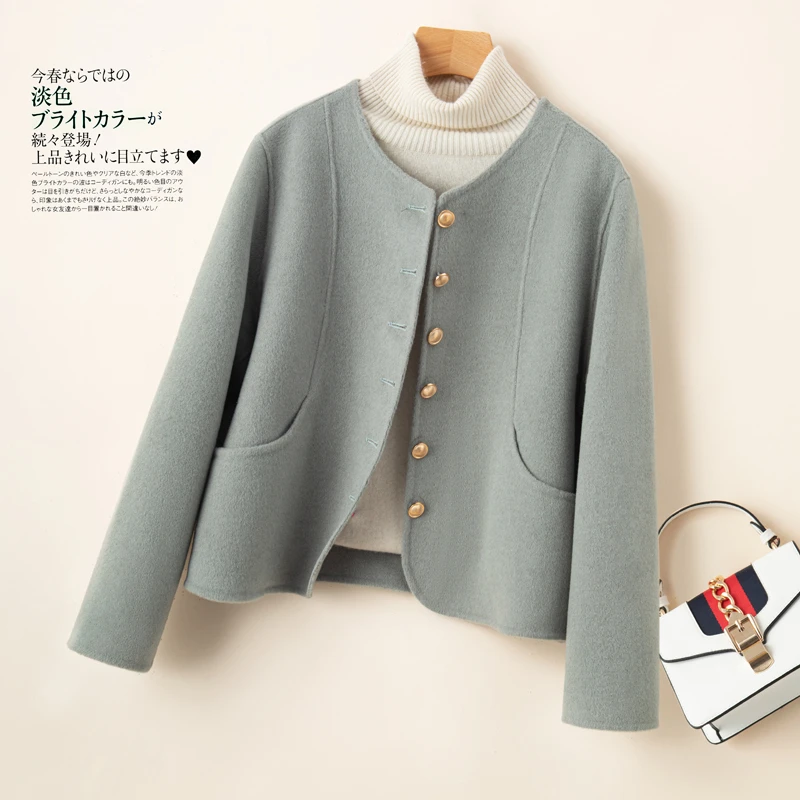 双面呢大衣女短款高端呢子圆领时尚气质新款毛呢外套