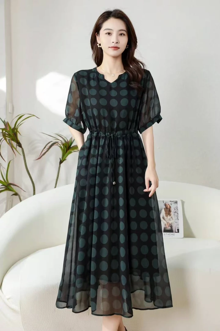 CX墨韵波点定制V领高级印花连衣裙时尚显瘦中长款裙子