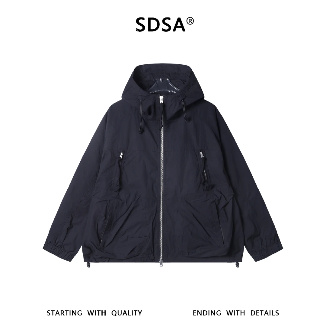 SDSA男士秋冬新款痞帅男装潮牌纯色多口袋拉链立领连帽夹克潮牌