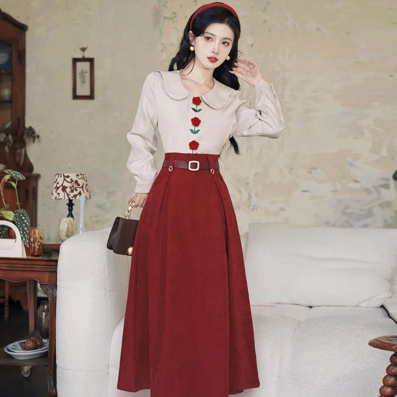 【商场撤柜】秋冬高级感气质港风穿搭衬衣配红色半身裙套装订婚新