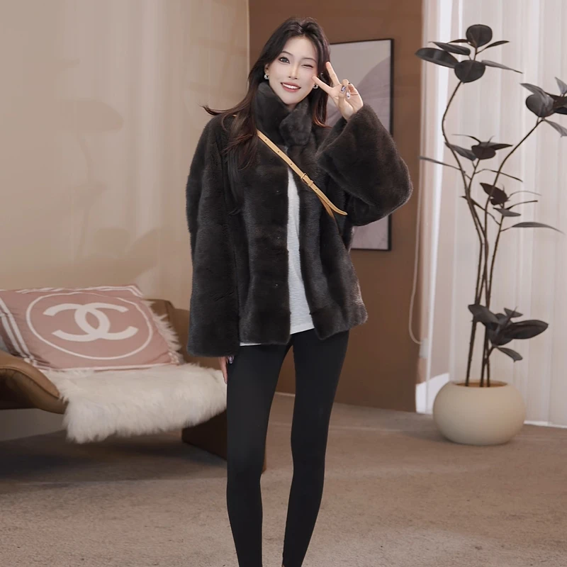进口貂皮大衣女阔版立领2025新款休闲慵懒风水貂外套年轻款韩版
