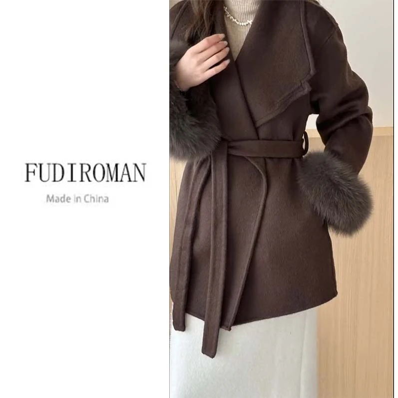 韩系富家千金毛呢斗篷大衣女双面羊毛绒秋冬气质轻奢中长款外套