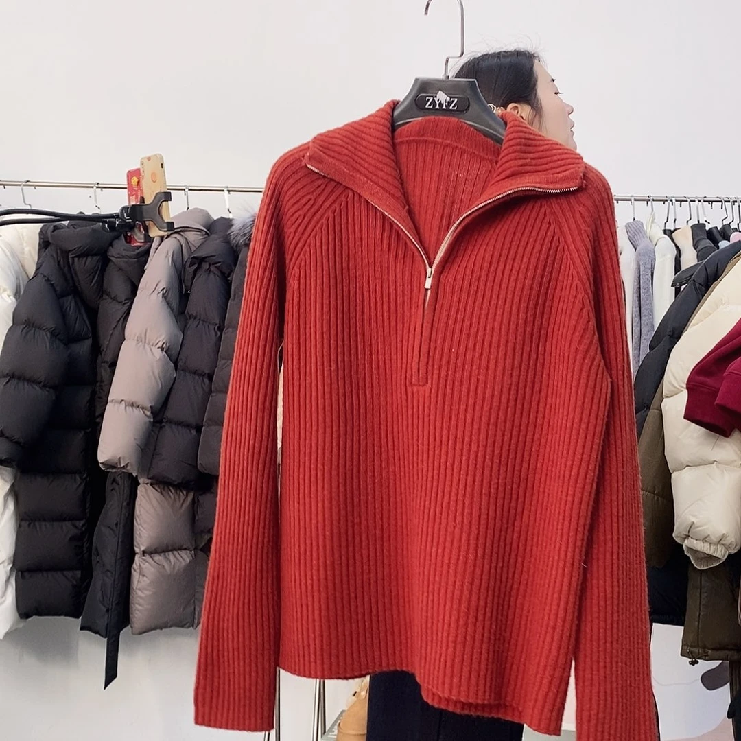 橘红色半拉链全毛针织衫150斤以内