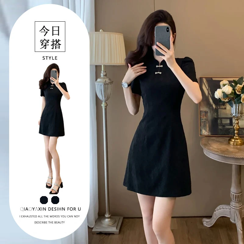 夏天大码高级女装轻奢气场强大高端小黑裙高贵新国风小个子连衣裙