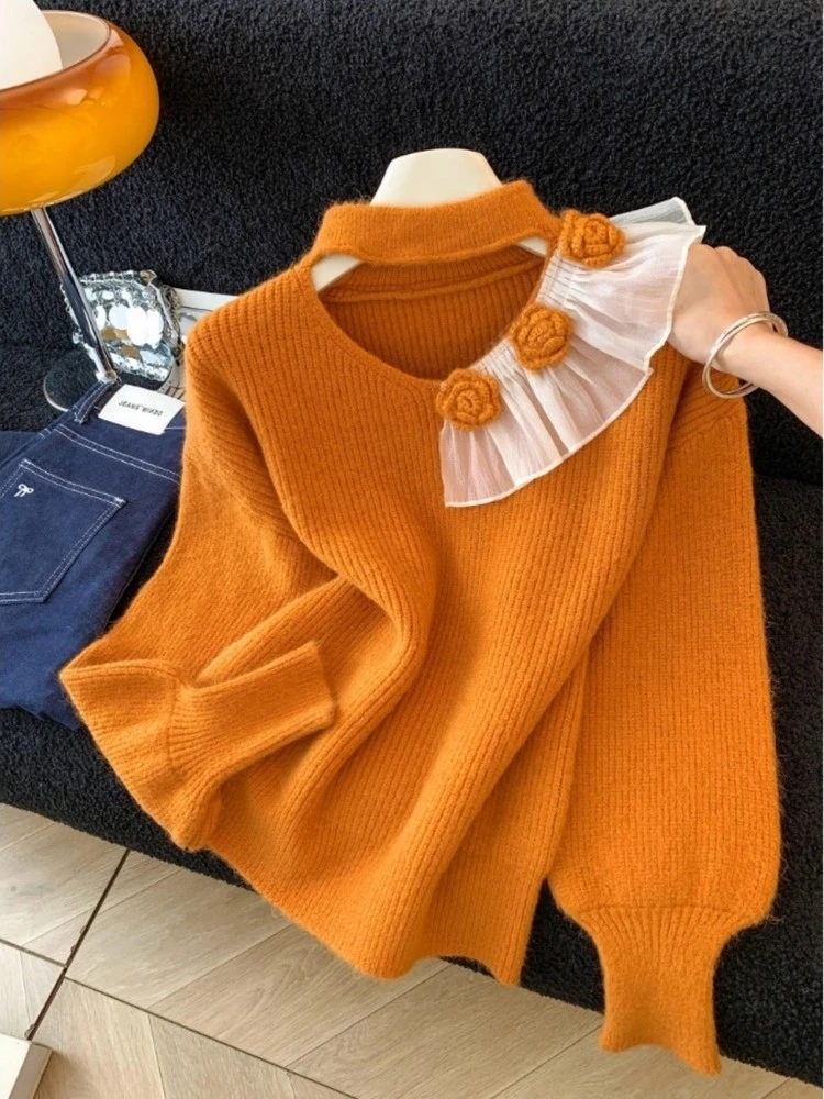 法式立体花朵拼接镂空挂脖毛衣女秋冬季慵懒宽松灯笼袖针织衫上衣