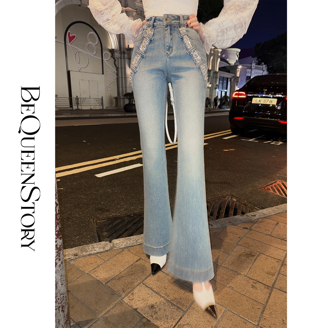韩韩IU【魔法比例】2025春装新款时尚百搭手工烫钻烫钻微喇牛仔裤