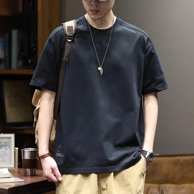 250g重磅纯棉短袖t恤男士宽松圆领上衣夏季潮牌字母刺绣半袖体恤T