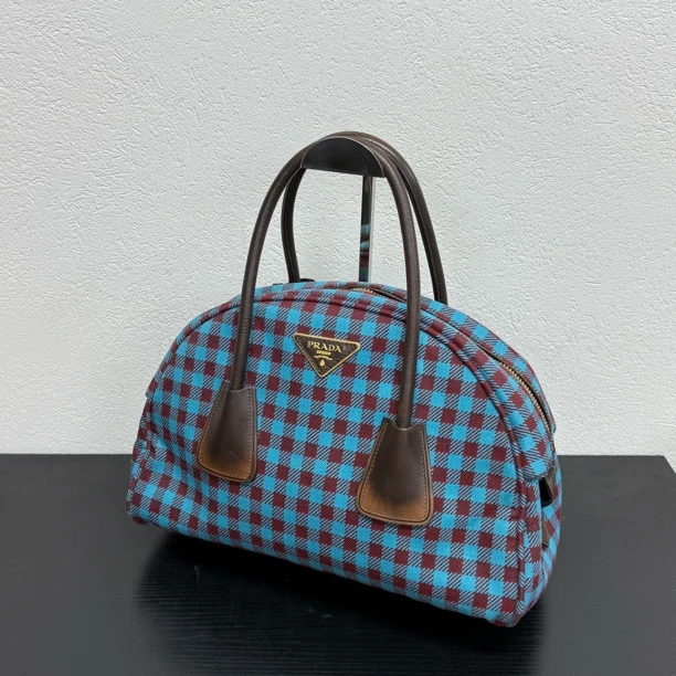 95新 Prada/普拉达 复古蓝色格纹保龄球手提包