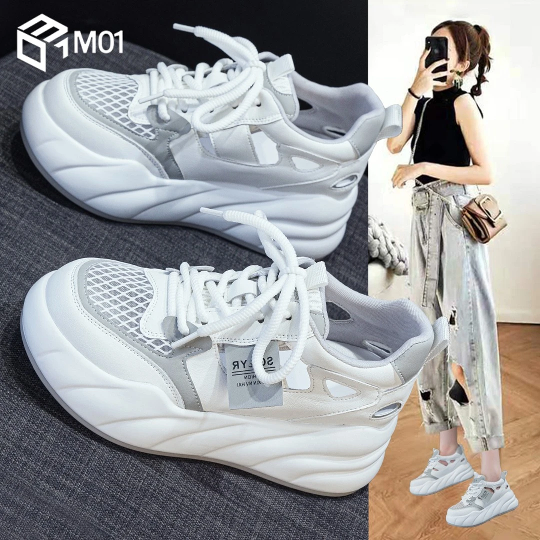 M01夏季透气网面小白鞋女2025新款厚底增高包头镂空休闲运动凉鞋
