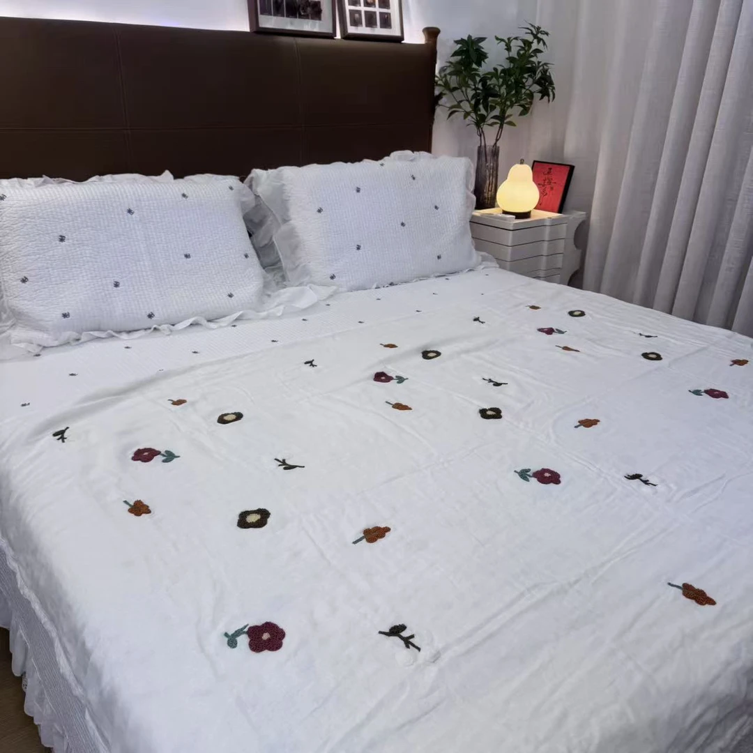 三层汗麻毯亚麻毯毛巾刺绣1.5*2.0外贸尾单