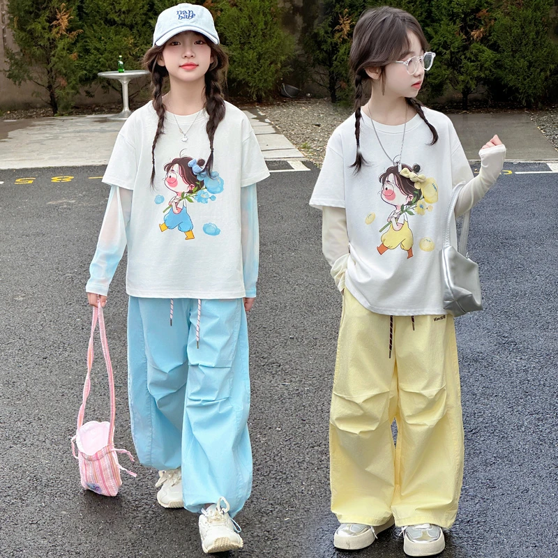 儿童女童防嗮袖印花T恤套装夏季时尚女童休闲裤两件套套装潮酷2件