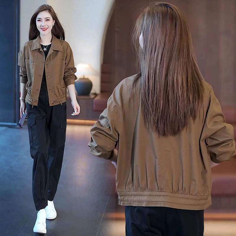 韩版休闲翻领短外套女2025秋季新款夹克百搭短款微胖遮肉显瘦上衣