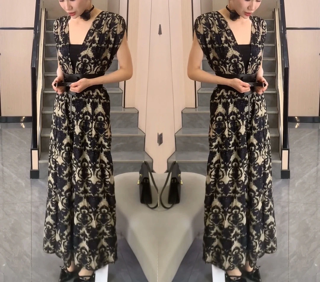 {现货}抹胸+腰带+连体裤复古印花松紧显瘦V领时尚洋气连体长裤女