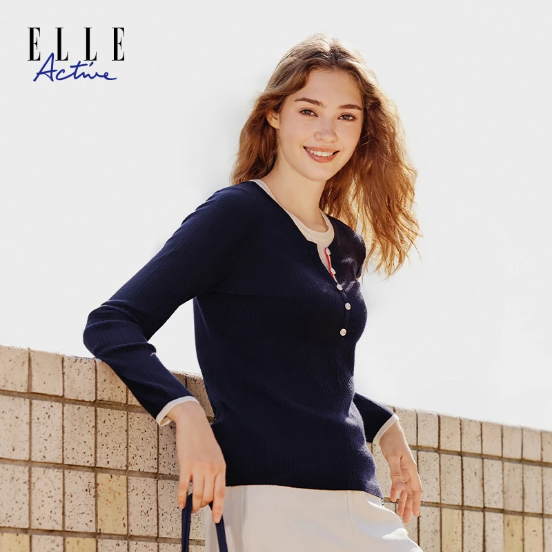 ELLE Active【亲肤丝光棉】假两件长袖针织衫女圆领上衣百搭老钱风