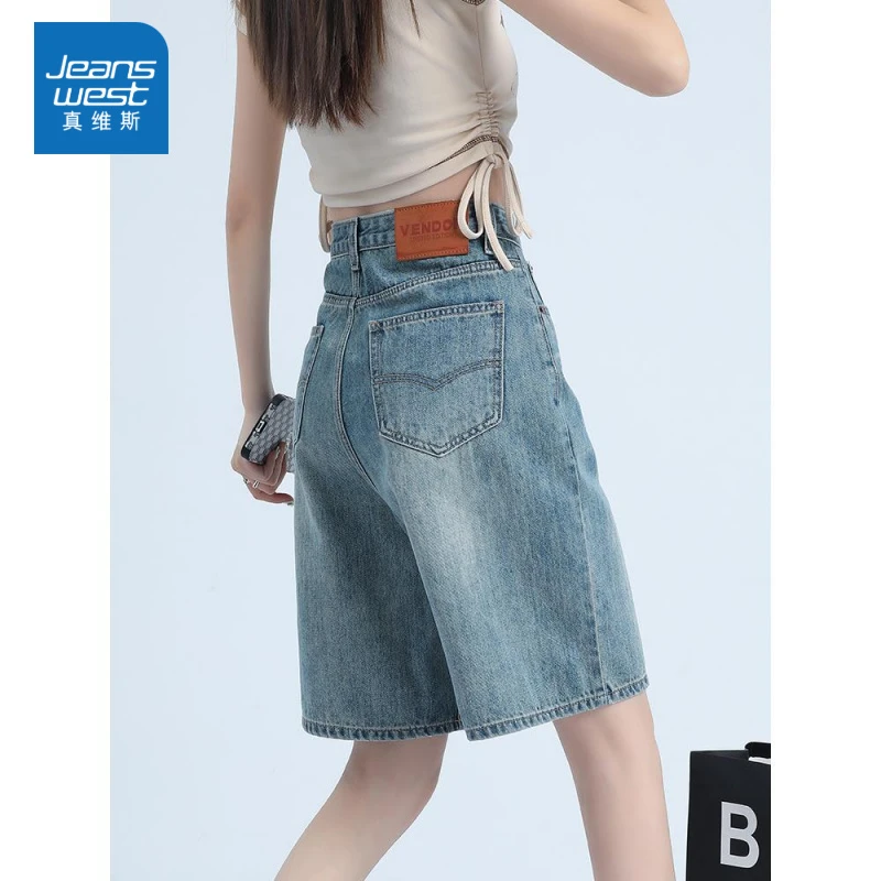 真维斯五分牛仔短裤女夏季新款高腰宽松直筒梨型a字阔腿过膝中裤
