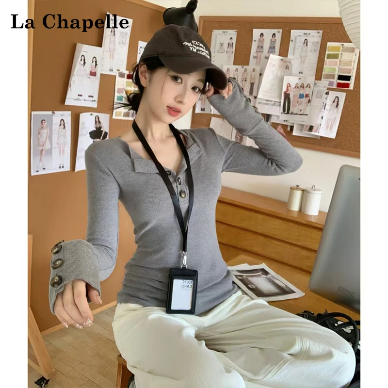 拉夏贝尔辣妹风设计感慕斯绒长袖上衣女秋冬季修身显瘦磨毛打底衫