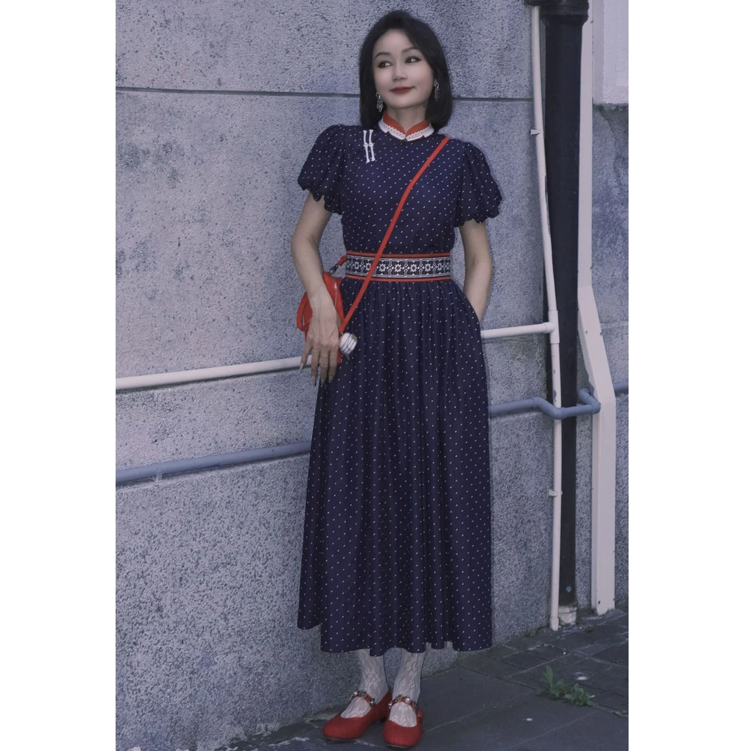 【图雅】蒙式民族风波点泡泡袖垂感长款修身显瘦氛围感连衣裙25065