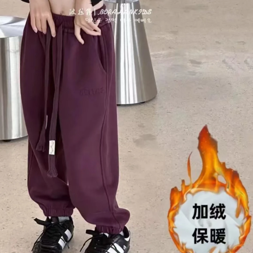 艾俊萱童装2024年加绒纯色束脚卫裤LS