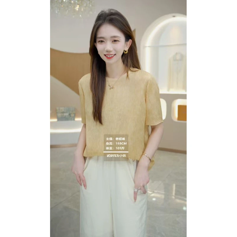 R H 【波纹冠乐绉】新款时尚气质显瘦休闲设计感桑蚕丝T恤H922831