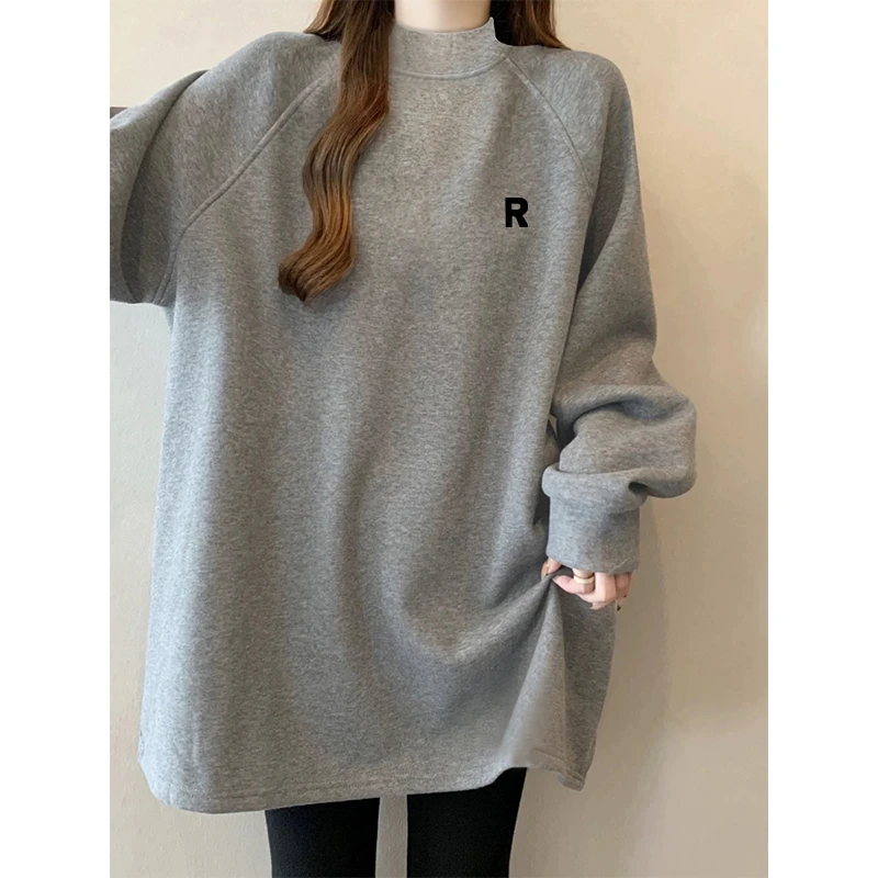 春秋大码韩版长袖T恤女宽松加厚半高领搭配鲨鱼裤中长款棉上衣