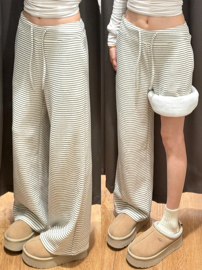 加绒糯米条纹阔腿裤女秋冬保暖垂感显瘦慵懒风小个子运动遛弯卫裤