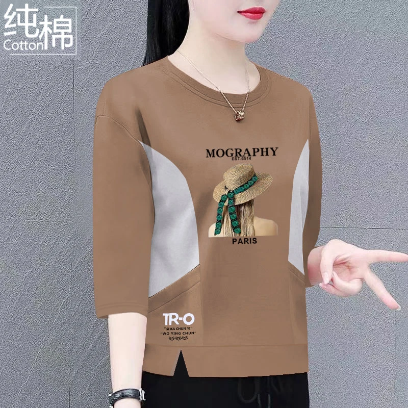 纯棉七分袖t恤女中年妈妈装夏季新款宽松显瘦两侧口袋上衣女体恤