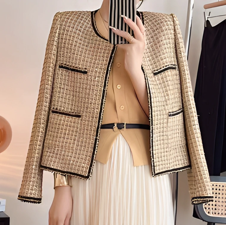 561-洋气百搭时尚粗花呢圆领长袖小香风外套