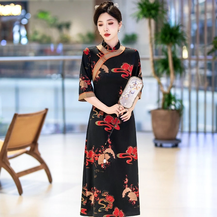 A版长款喜梅双鹤中国风复古京派改良气质旗袍显瘦优雅长袖连衣裙