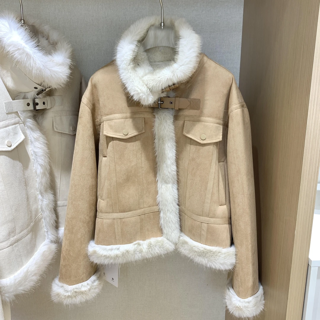 爆款强推复古双色毛氛围感小机车仿皮毛一体加厚加绒短外套