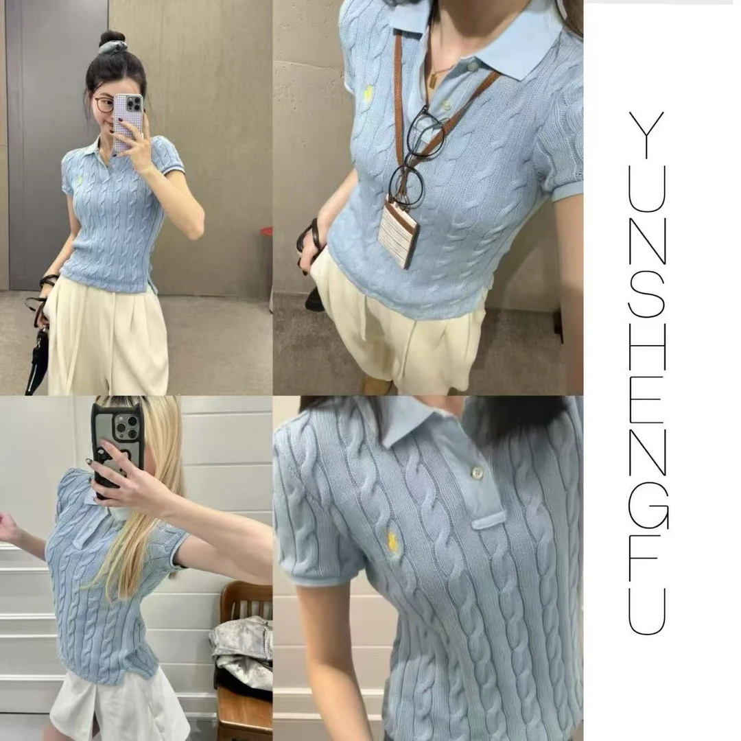 张本事*【R37】小马刺绣翻领韩系麻花针织短袖（扫齐）