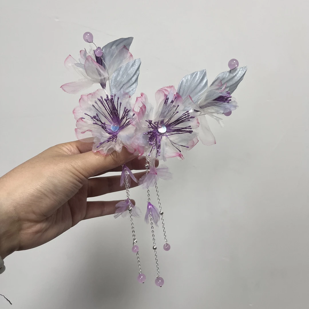 HF2653仙气晶珠绢花发夹小众轻奢古典演出发饰儿童流苏汉服头饰