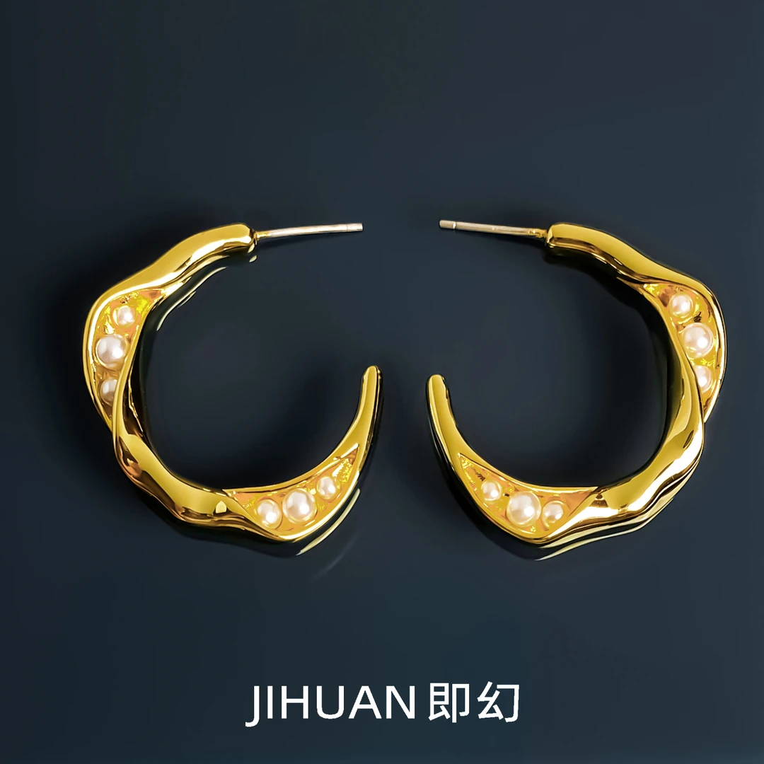 即幻 铜合金耳饰 法式时尚轻奢气质个性小众白珠C圈豆荚耳环 9943