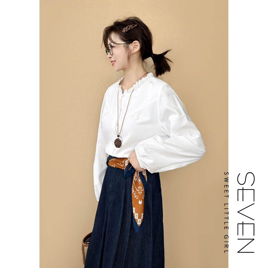 卷耳棉衫⑧七七146小个子早秋花边领宽松气质灯笼袖衬衫上衣小美说