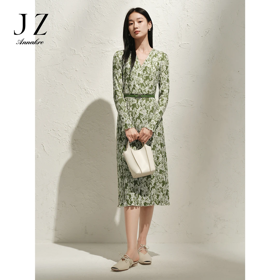 玖姿安娜蔻法式浪漫碎花印花腰带压褶收腰连衣裙女2025春季新款