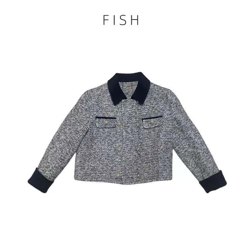 FISH【指尖】羊驼绒羊毛小香外套短女设计师千鸟格修饰知性OL风