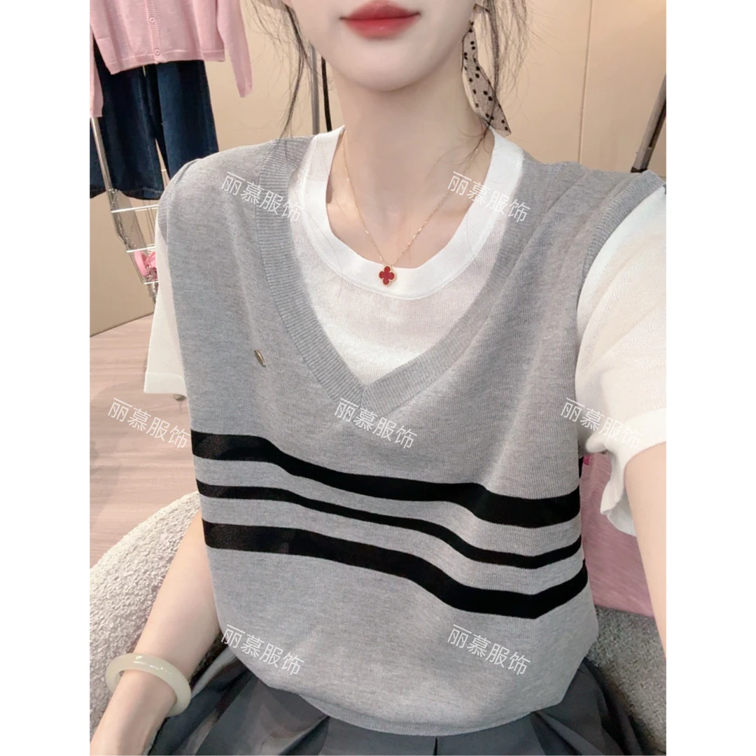 【假两件短袖】韩版针织假两件条纹贴标设计感短袖T恤衫1706